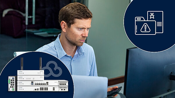 A man looks anxiously at a screen; the LANCOM R&S®Unified Firewalls and the LANCOM Management Cloud logo can be seen at the bottom left, and an icon for SIEM is shown in a blue circle at the top right
