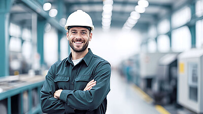 Man wearing a helmet and standing with his arms crossed in an industrial hall, smiling at the camera