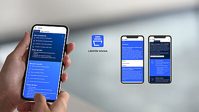 Young woman holds smartphone with LANCOM InfoHub interface in her hand, next to it the LANCOM InfoHub logo and other components can be seen as screenshots