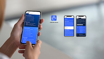 Young woman holds smartphone with LANCOM InfoHub interface in her hand, next to it the LANCOM InfoHub logo and other components can be seen as screenshots