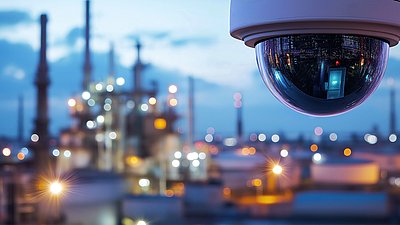 Photo: Modern dome surveillance camera monitoring an industrial facility at dusk, symbolizing the professional implementation of security and surveillance solutions for critical infrastructures.