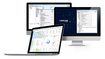 Collage of screens with LANCOM Management Cloud, LANconfig, and LANmonitor