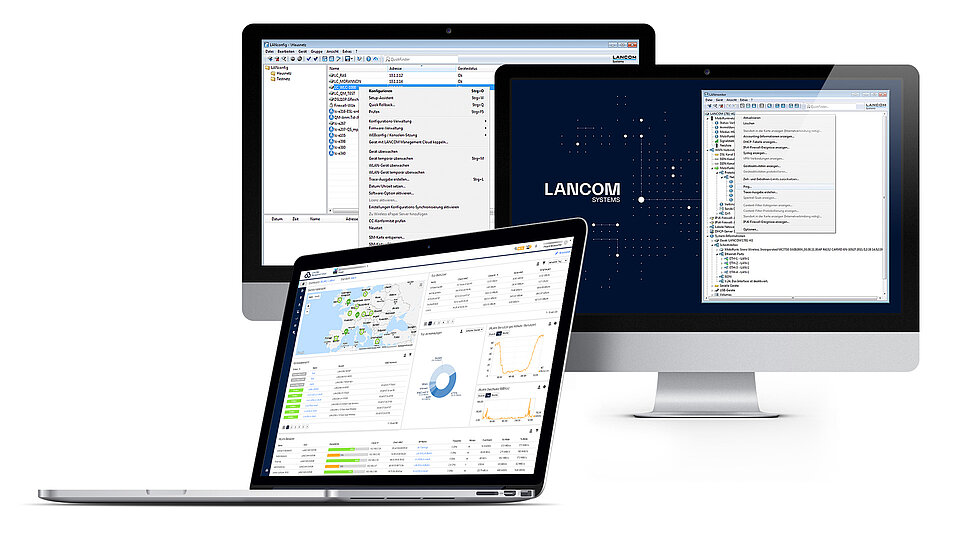 Collage of screens with LANCOM Management Cloud, LANconfig, and LANmonitor