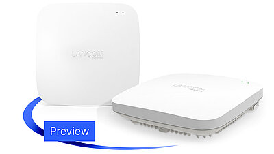 Product collage LANCOM Wi-Fi 7 Access Points with preview lettering