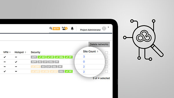 Screenshot of the Network menu in the LANCOM Management Cloud and icon with magnifying glass, logo, and connection arrows