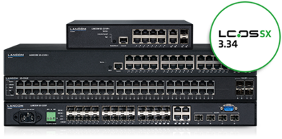 Collage of LANCOM GS-2300 switches with LCOS SX 3.34 logo