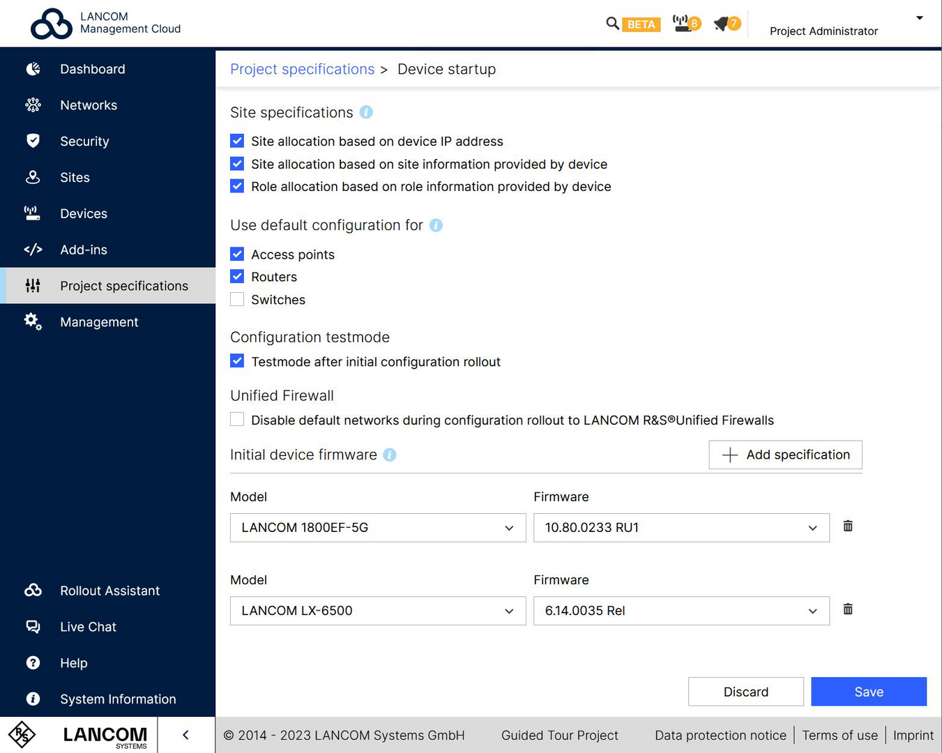 Screenshot: Einstellung der Projektvorgaben in der LMC