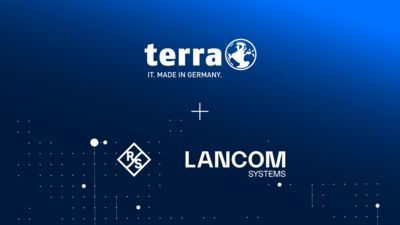Logos of terra und LANCOM Systems as partners in the LANCOM IT Security Ecosystem on a blue background.