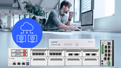 Collage of LANCOM R&S®Unified Firewalls including icon for secure edge computing