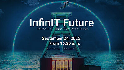 Astronaut floating above a mining tower at night, with 'InfinIT Future' title and event details in foreground