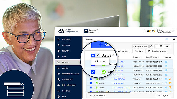 Image showing a smiling woman, a LANCOM Management Cloud screenshot of the device table with focus on the “All Pages” button, and an icon in the left corner to visualize the button