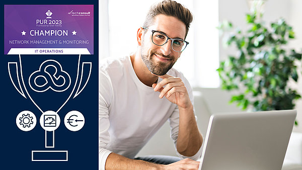 Man in front of laptop looks into the camera, on the left is the PUR-Award including matching icons