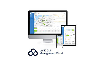 User interface of the network management platform LANCOM Management Cloud on the desktop monitor, tablet, and smartphone