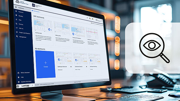 Monitor with dashboard view, icon with an eye 