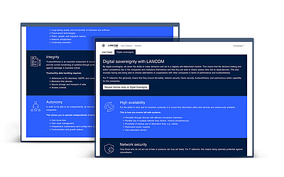 Two screens with helpful tips and links to increase and strengthen your own digital sovereignty in the LANCOM PWA app "LANCOM InfoHub"