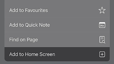 Screenshot: LANCOM InfoHub Progressive Web App opened in Safari browser on smartphone. Select "Add to home screen" in the browser menu