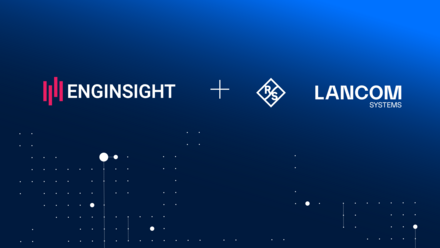 Logos of Enginsight, R&S, and LANCOM Systems displayed side by side on a blue background.