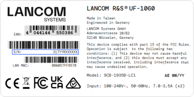 Label of a LANCOM R&S®Unified Firewall with blue marking of the serial number