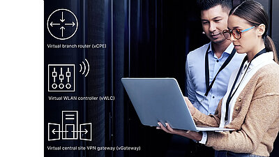 Two employees look at a laptop, icons of the vCPEs, vWLCs and vGateways are shown next to it