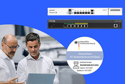 Collage with two men using a laptop, LANCOM 1900EF and UF-360 devices, and a BSI IT security certificate.