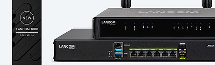 Collage of LANCOM Routers and SD-WAN products with blackline lettering