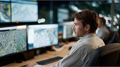 Photo: Person sitting in front of multiple monitors displaying maps and system views in a control room or operations center.