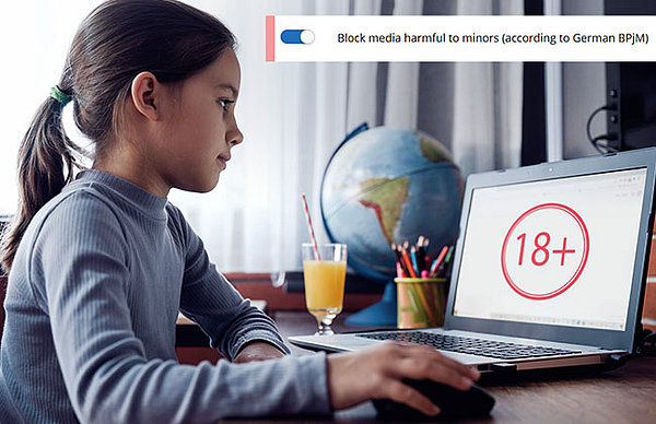 Girl in front of laptop with age restriction symbol