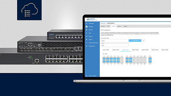 Collage of a laptop with screen shot in the front right, three switches in the background, and an icon with cloud symbol