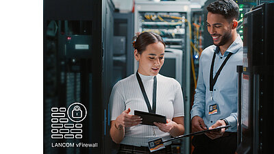 Two employees are standing in a server room, next to them is the icon of the LANCOM vFirewall