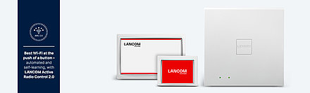 Product collage LANCOM Wireless ePaper portfolio with dark blue reference to Wi-Fi optimization solution LANCOM Active Radio Control 2.0