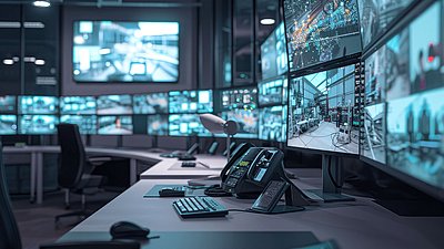 Photo: Modern control center with numerous monitors for video surveillance and remote maintenance of technical systems and security areas.