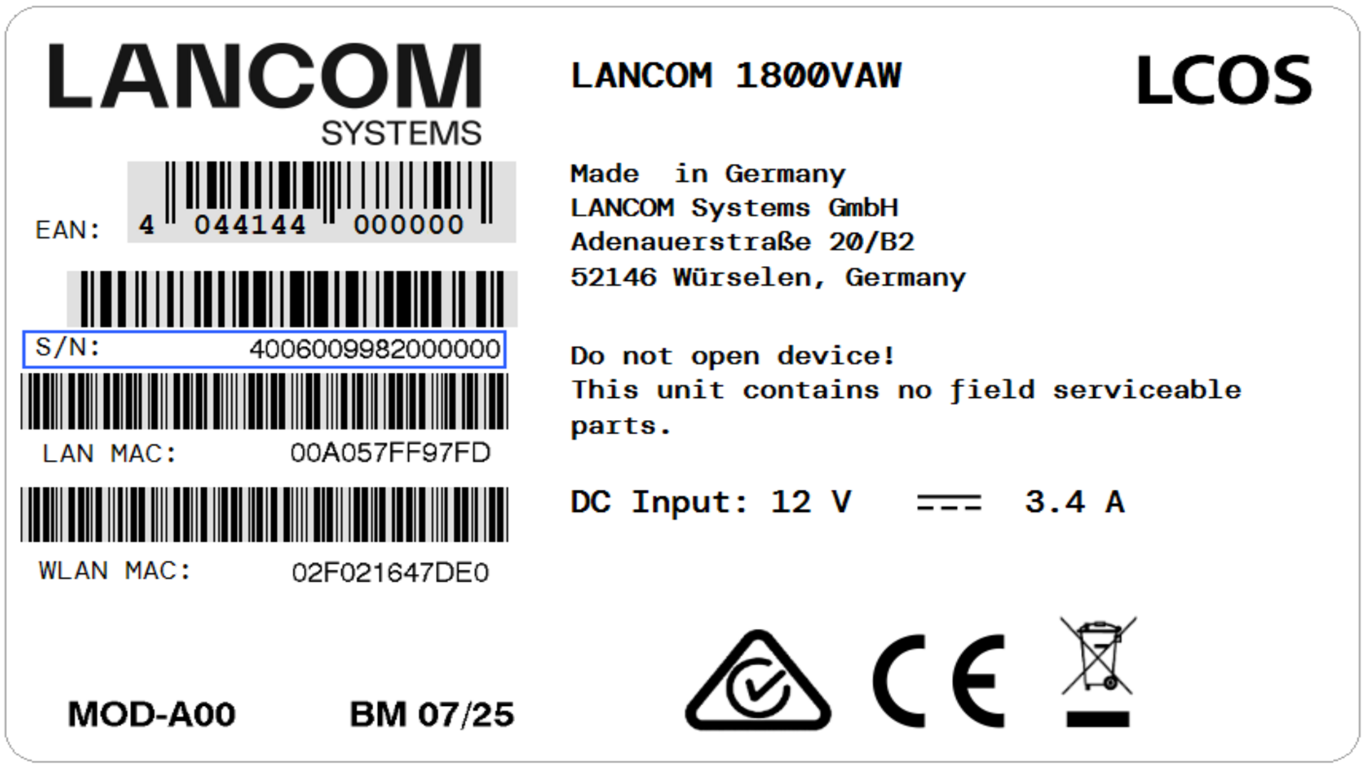 Label eines LANCOM Gerätes mit blauer Markierung der Seriennummer