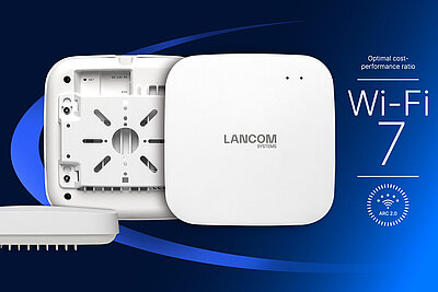Front and back view of a LANCOM Wi-Fi 7 access point with text: “Optimal cost-performance ratio”.