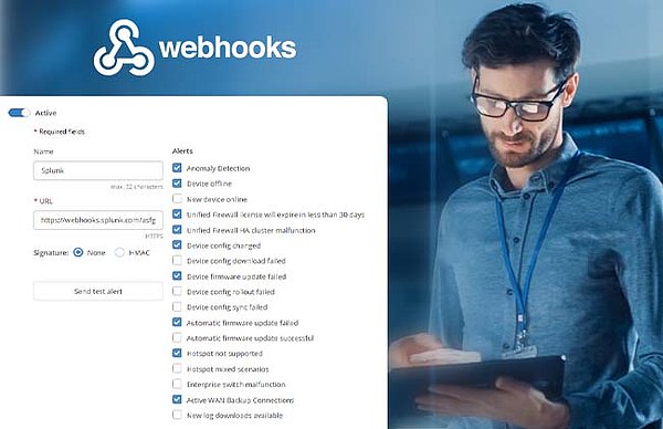 Man looking at a tablet, insertion of the Webhook logo and screenshot of the Webhooks in the LMC