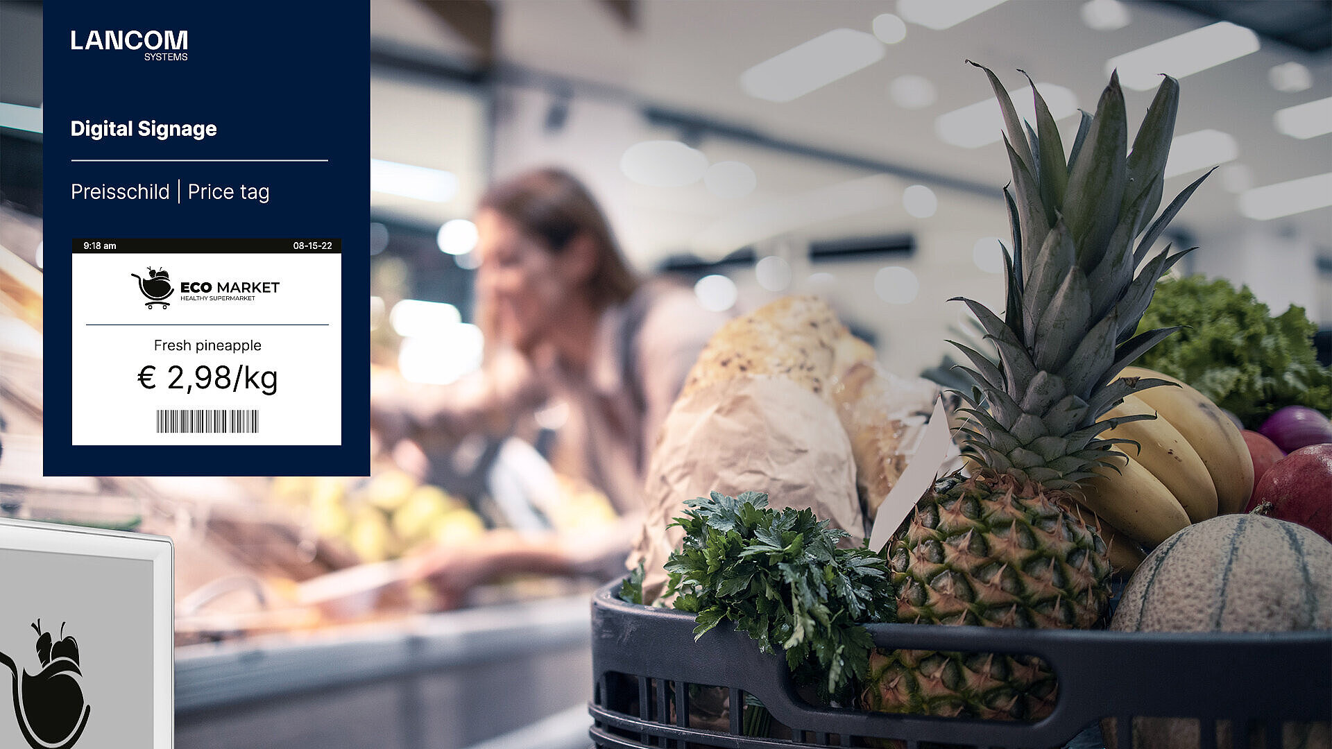 Modern supermarket with digital price tag on vegetable shelf including real-time price and barcode