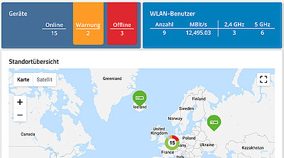 Screenshot of LANCOM Management Cloud WLAN Anomaly Detection warnings on dashboard