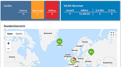 Screenshot of LANCOM Management Cloud WLAN Anomaly Detection warnings on dashboard