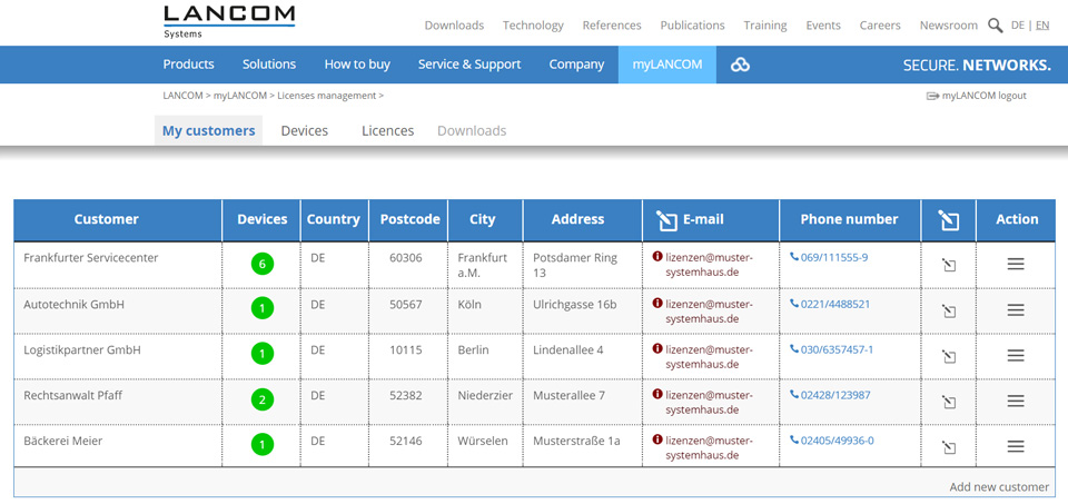 Screenshot of myLANCOM Firewall License Portal customers view