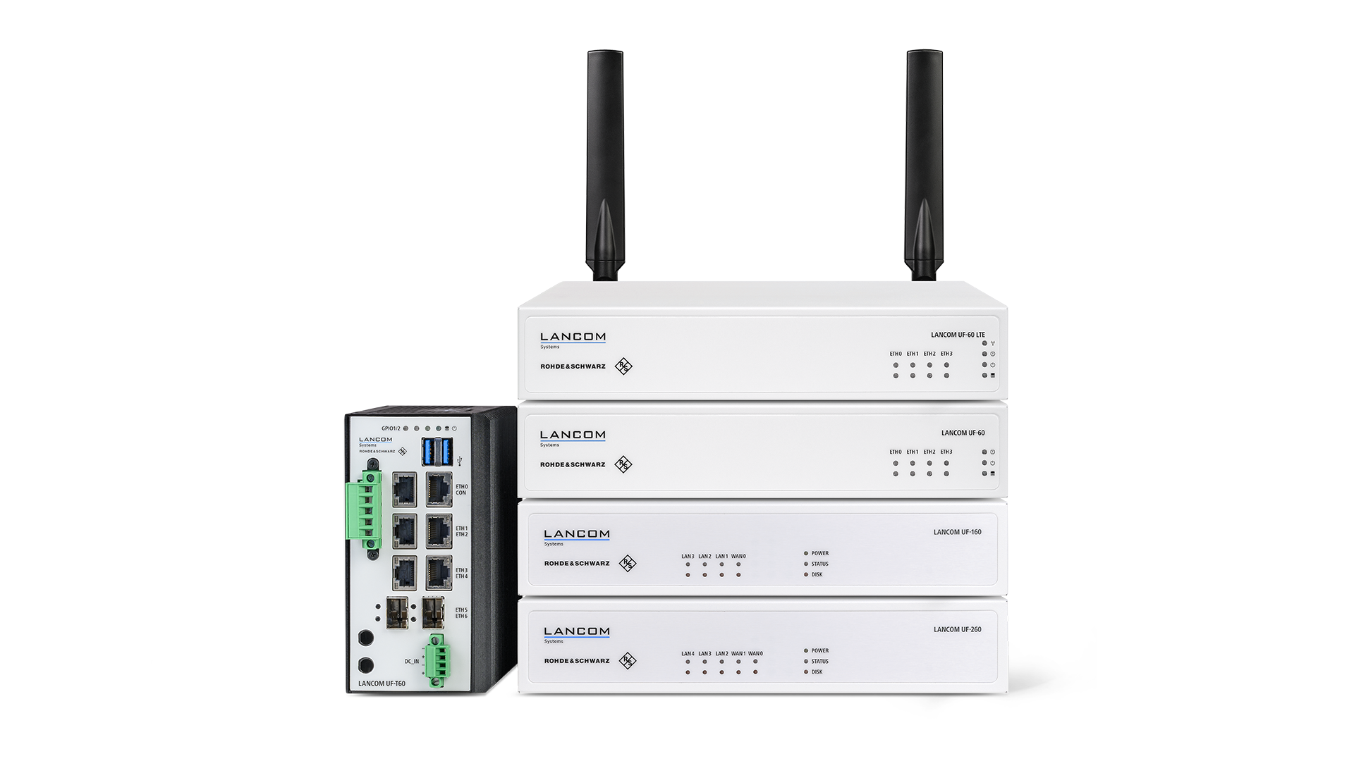 Product collage of LANCOM R&S®Unified Firewalls desktop models