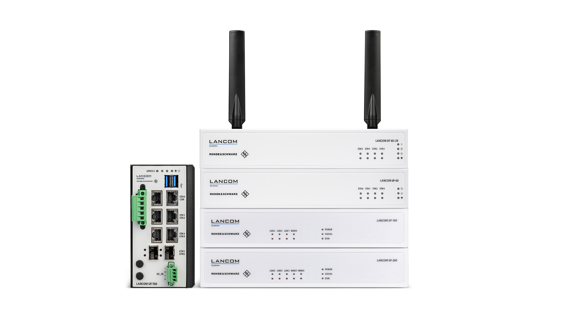 Product collage of the LANCOM R&S®Unified Firewalls desktop models