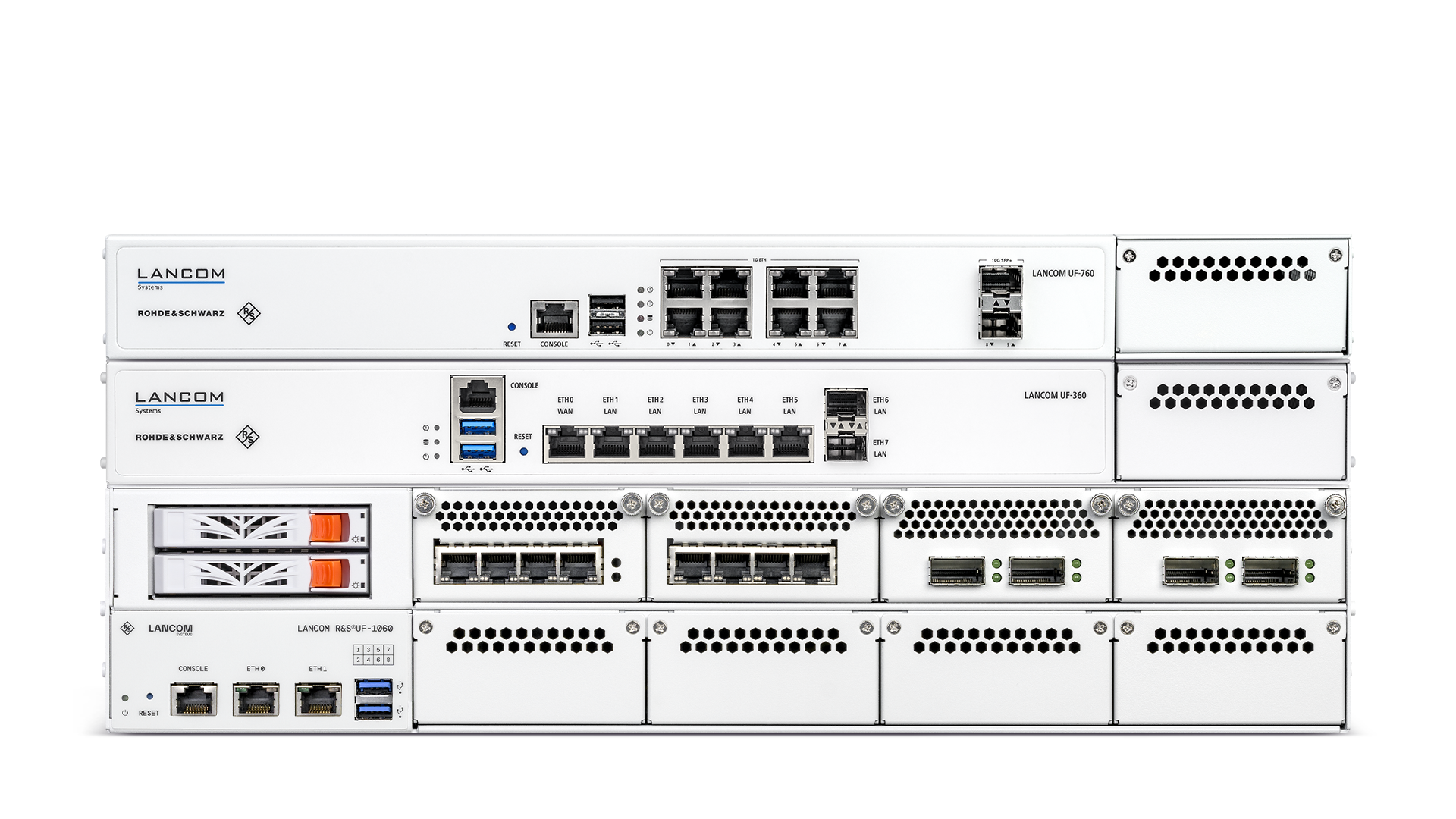 Product collage of the LANCOM R&S®Unified Firewalls rack models