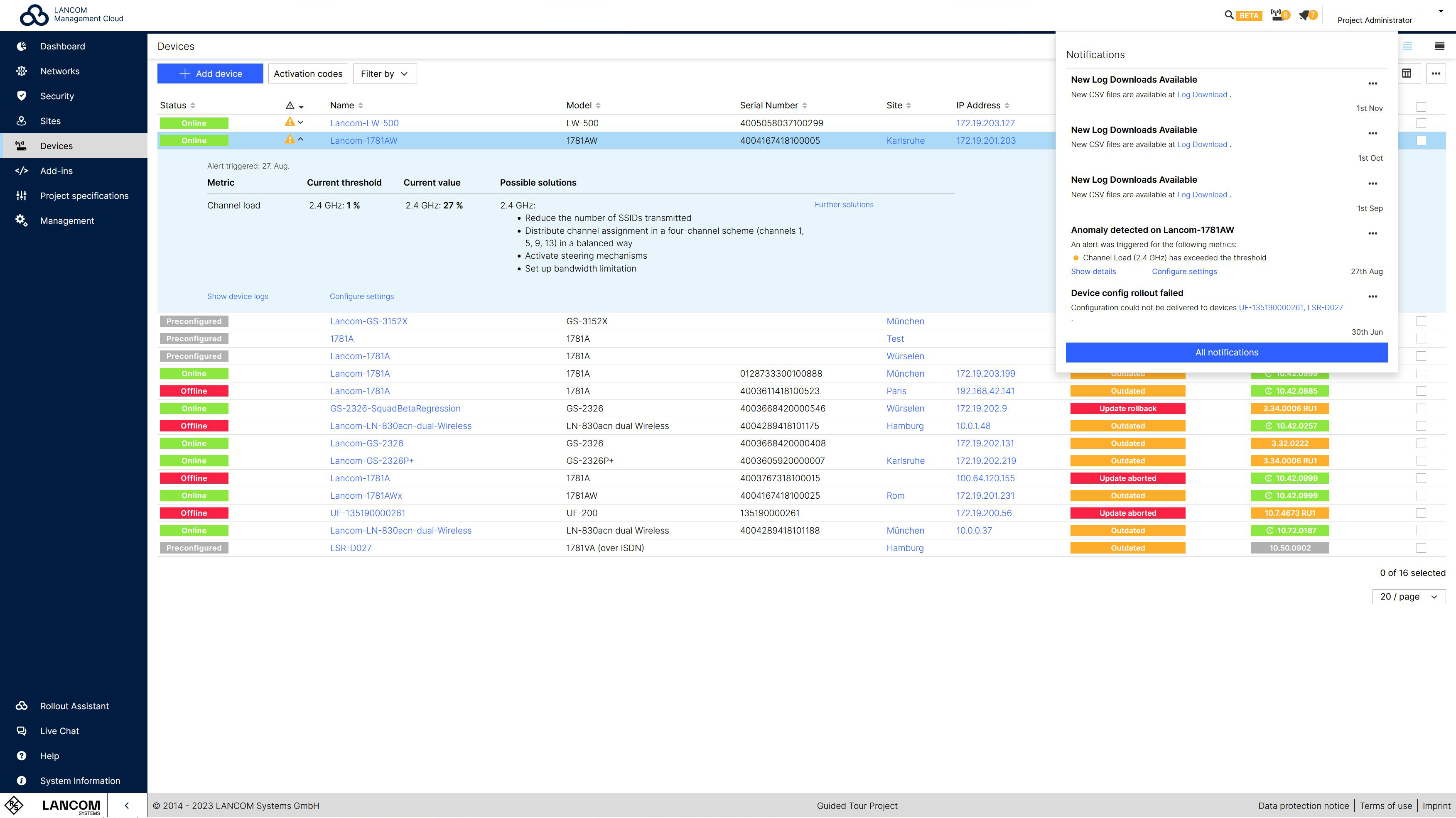 Screenshot: Troubleshooting durch Benachrichtigungen in der LMC