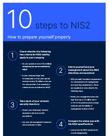 Excerpt from the PDF "LANCOM guide: Ten steps to NIS2 compliance" with helpful tips on how companies can now optimally prepare for the NIS2 requirements