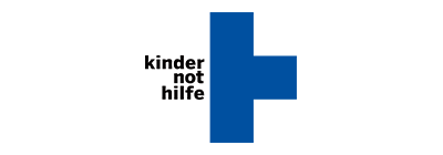 Kindernothilfe logo: halved medium blue medical cross with black text "Kindernothilfe" in place of the second half