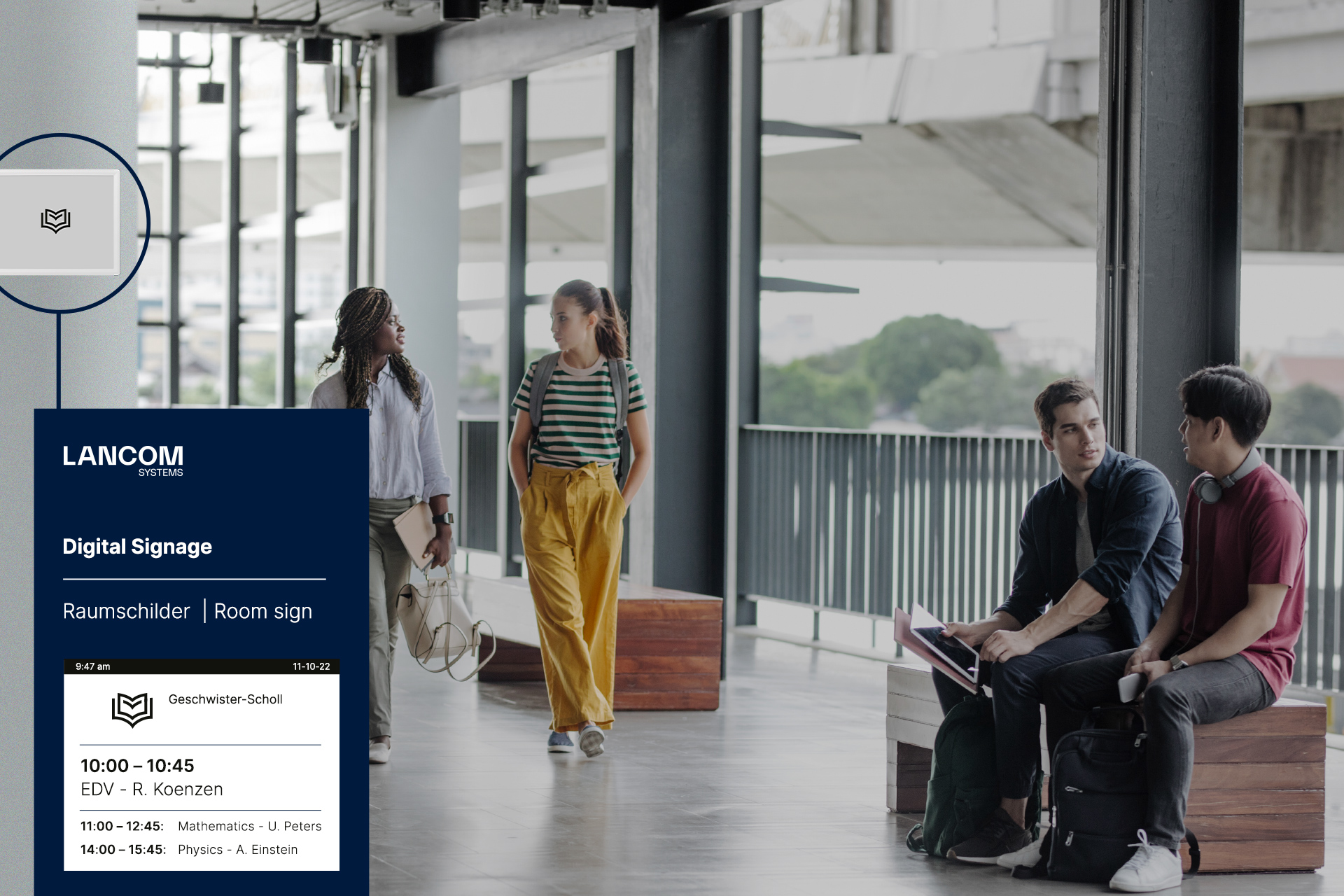 Modern classroom with digital door sign including information on current subject and following timetable for the room