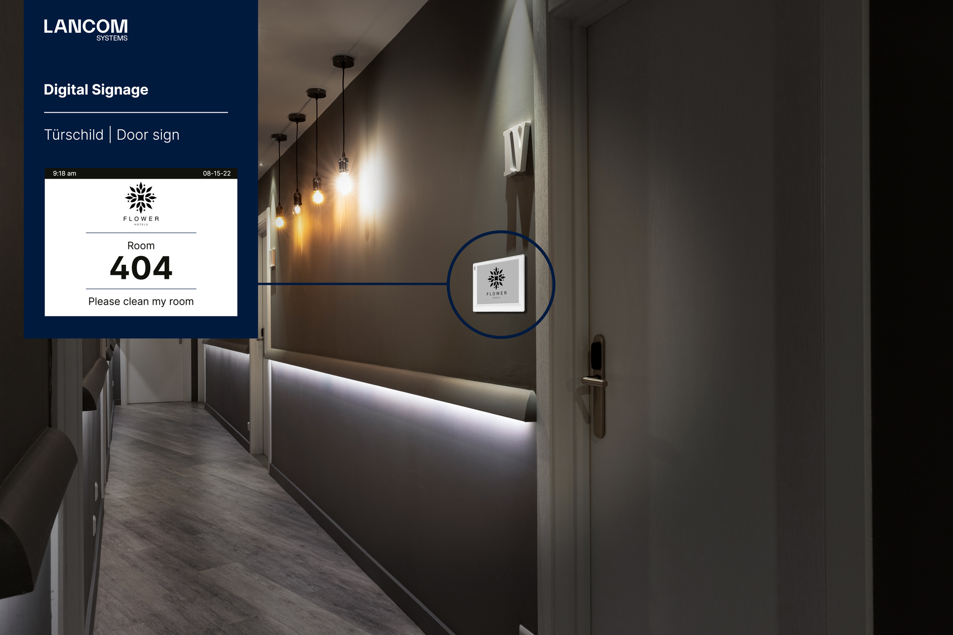 Hotel hallway with hotel room doors and electronic ePaper door sign next to it including hotel logo and "Please clean my room"