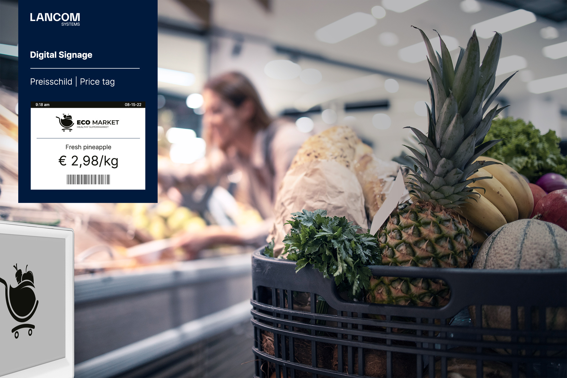 Modern supermarket with digital price tag on vegetable shelf including real-time price and barcode