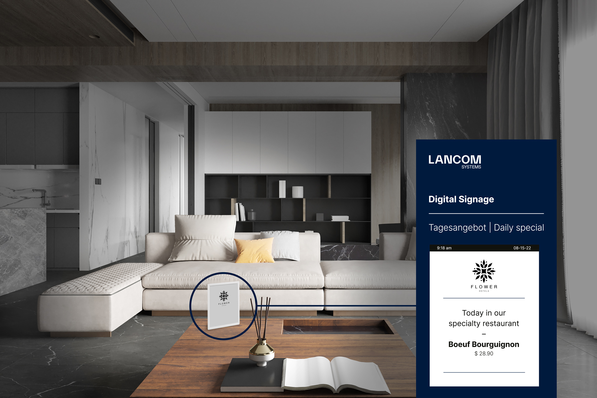 Elegant hotel room with digital menu with the daily offer of the hotel restaurant on the table