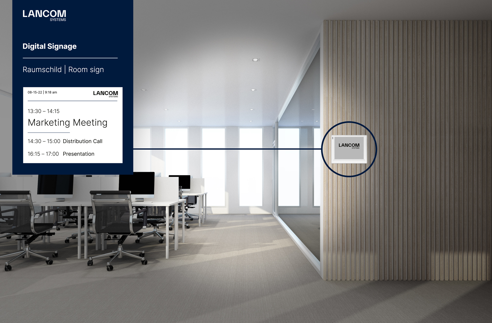 Modern meeting room with digital door sign including information on meeting duration, purpose and follow-up meetings