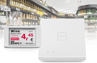 LANCOM Wireless ePaper Display being used as a digital price label A LANCOM Wireless ePaper Display being used as a digital price label. The display is located in front of the access point LANCOM LN-830E Wireless. In the background, there are several wine racks.